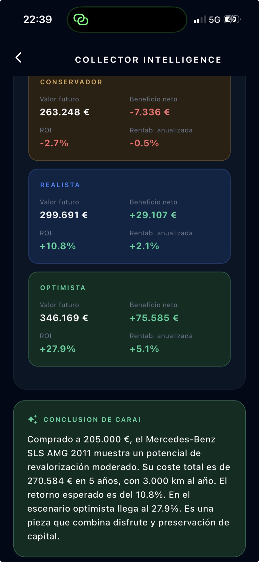 Pantalla Collector Intelligence: escenarios conservador, realista y optimista con ROI y la conclusión de CarAI