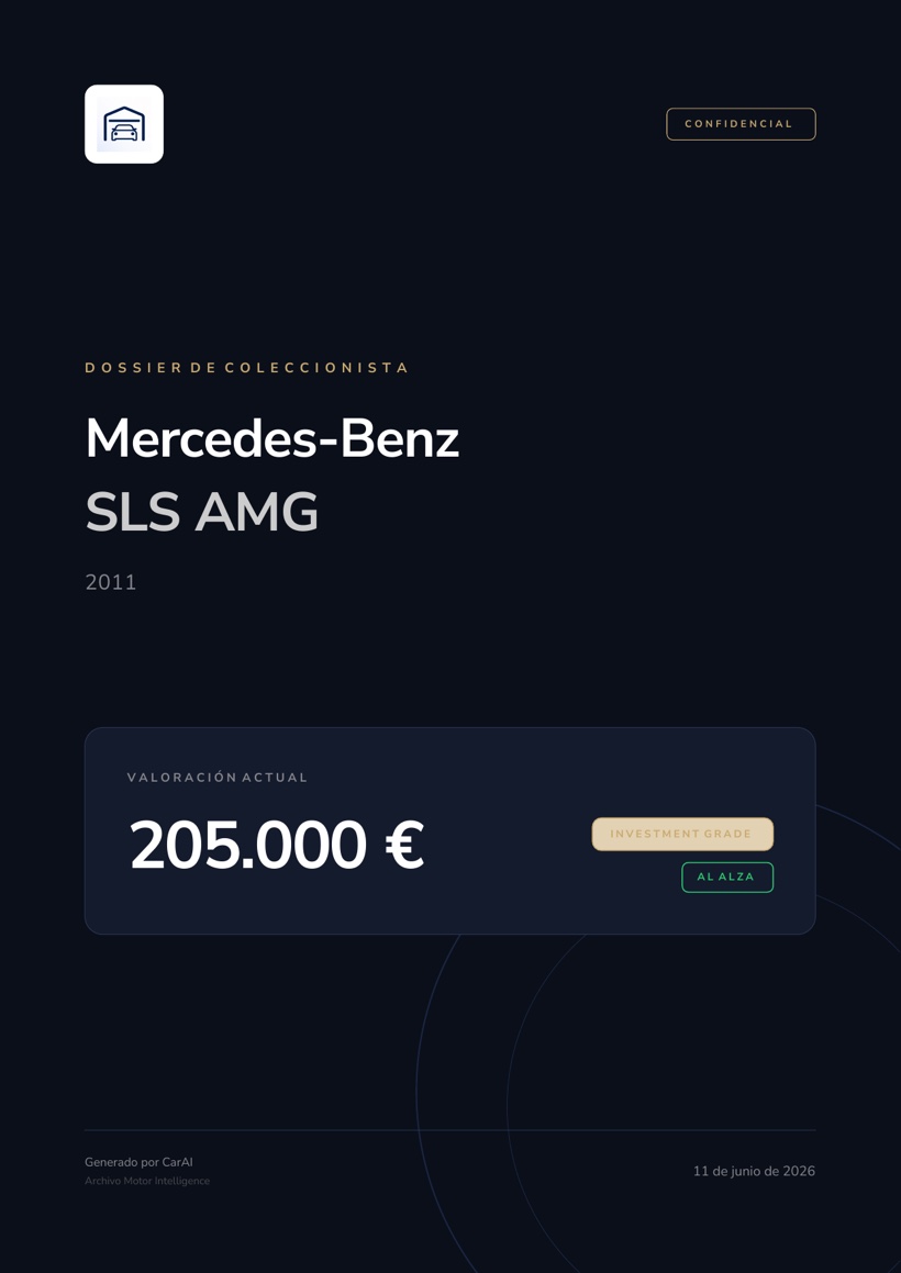 Portada del dossier analítico en PDF del Mercedes-Benz SLS AMG 2011, valoración 205.000 €