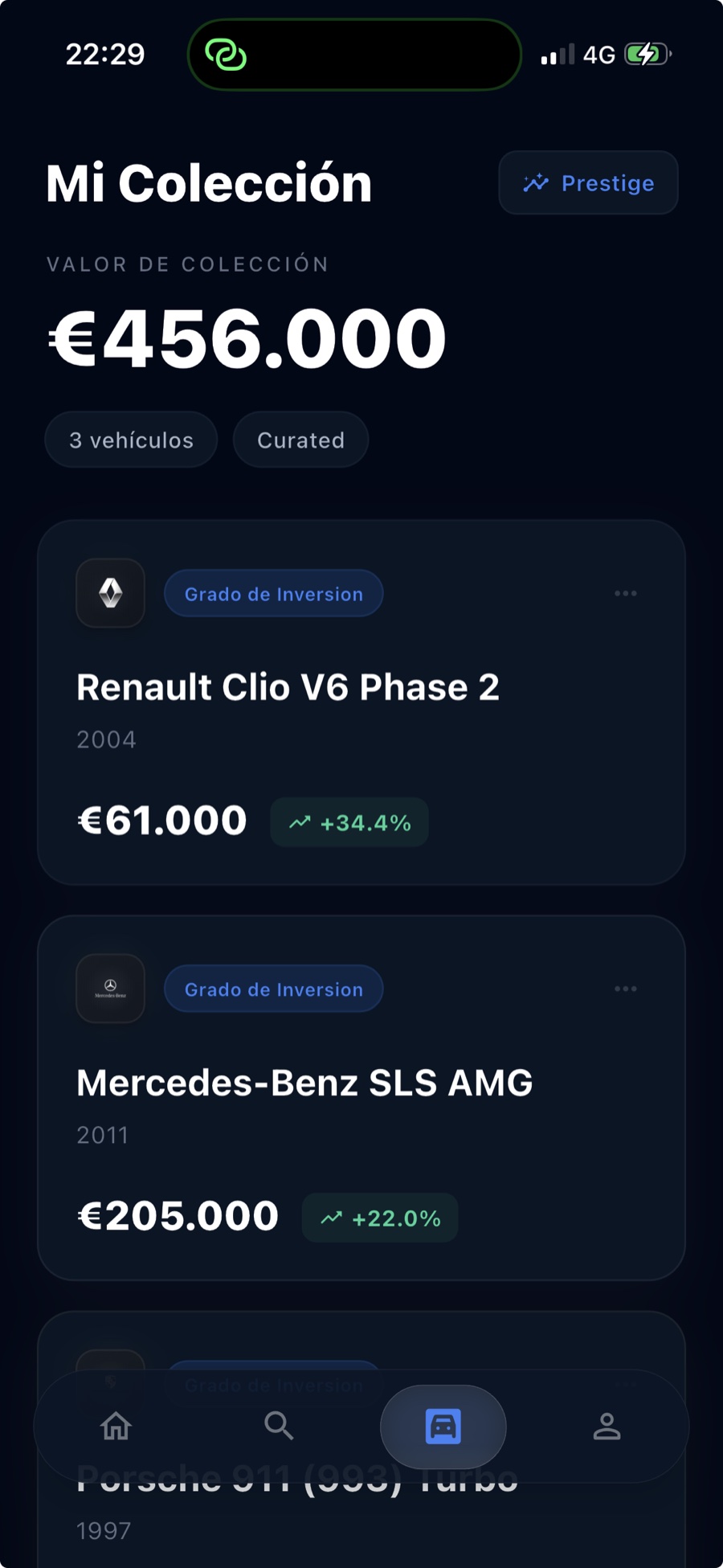 Pantalla Mi Colección de CarAI: valor total de 456.000 € y fichas de cada coche con su variación