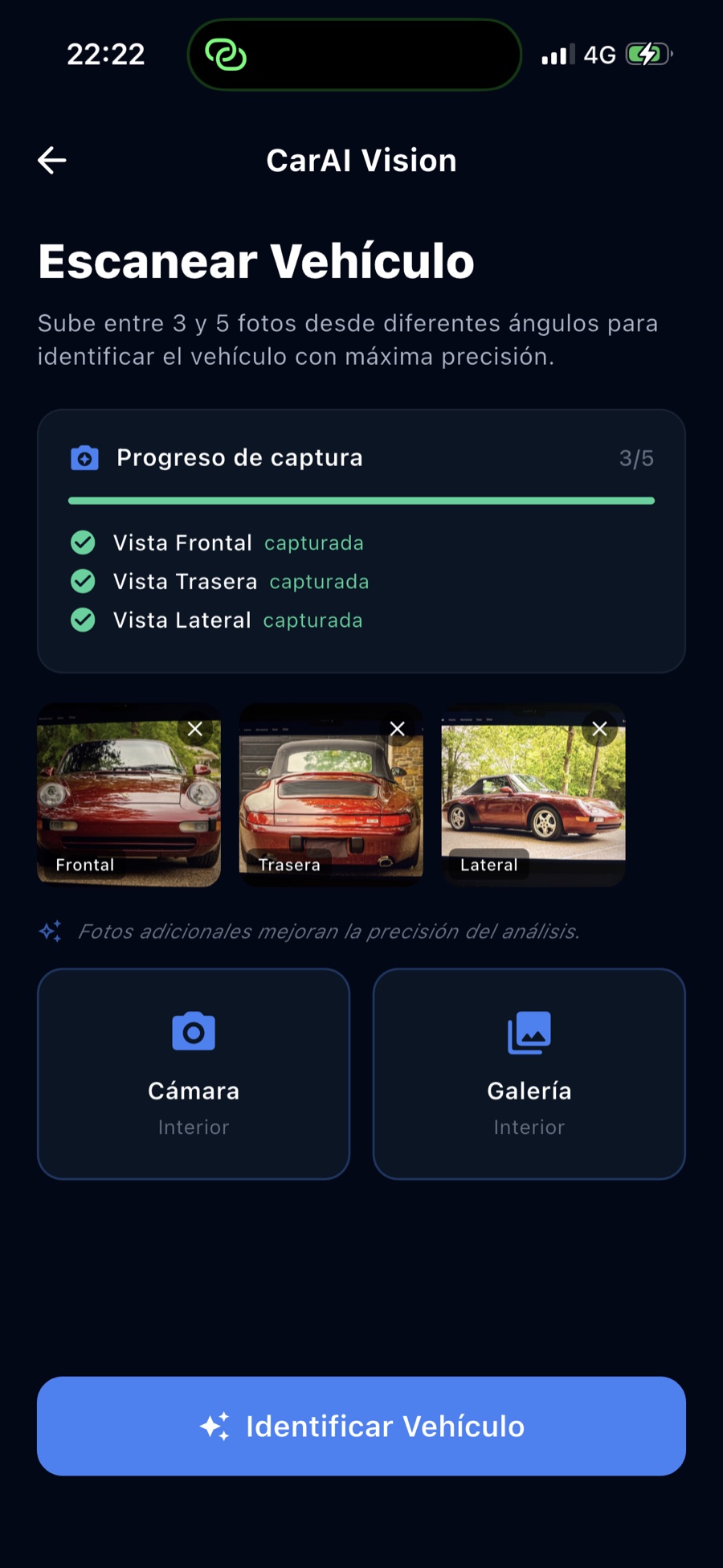 CarAI Vision: pantalla de escaneo capturando las vistas frontal, trasera y lateral del coche