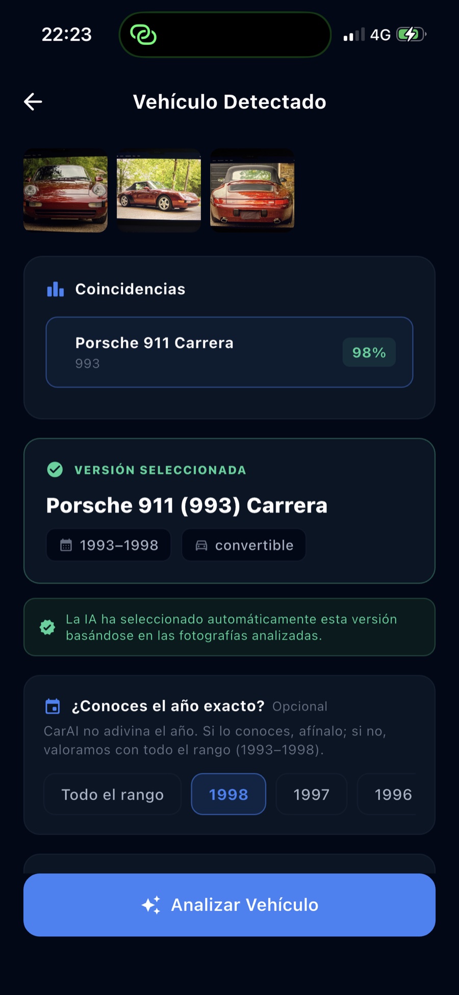 CarAI Vision: vehículo detectado, Porsche 911 (993) Carrera con 98% de confianza