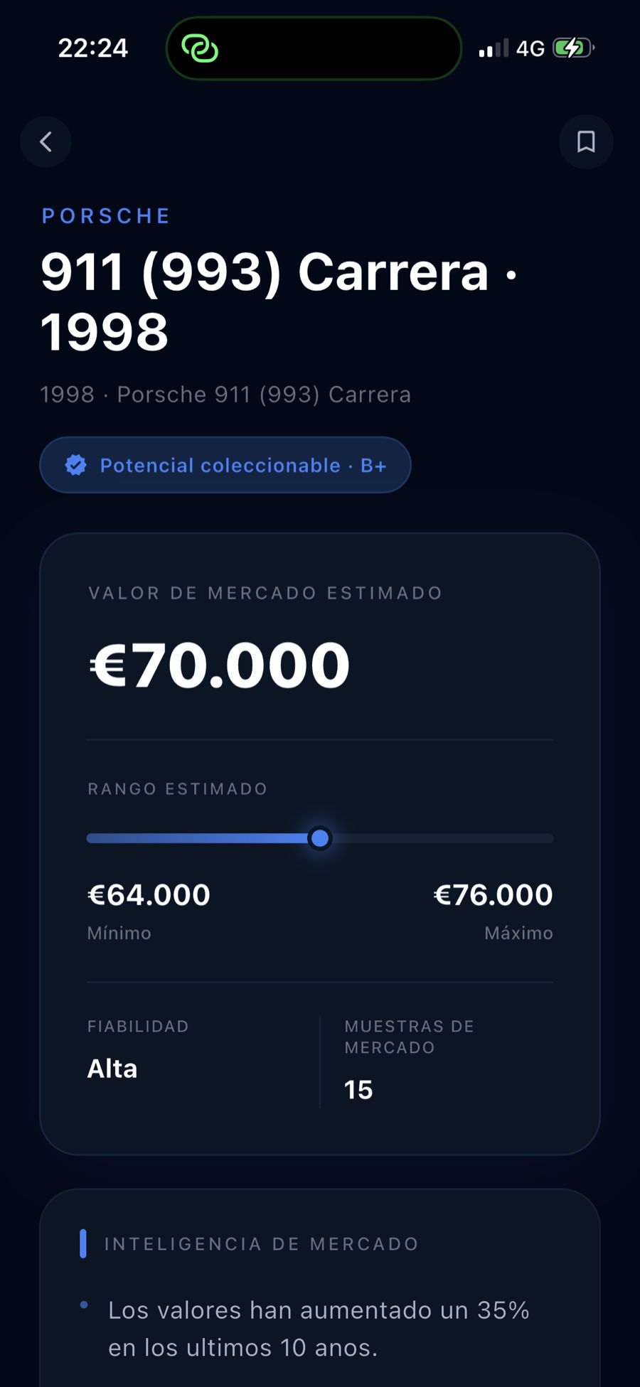 CarAI Vision: resultado con valor estimado de 70.000 €, rango, fiabilidad y potencial coleccionable